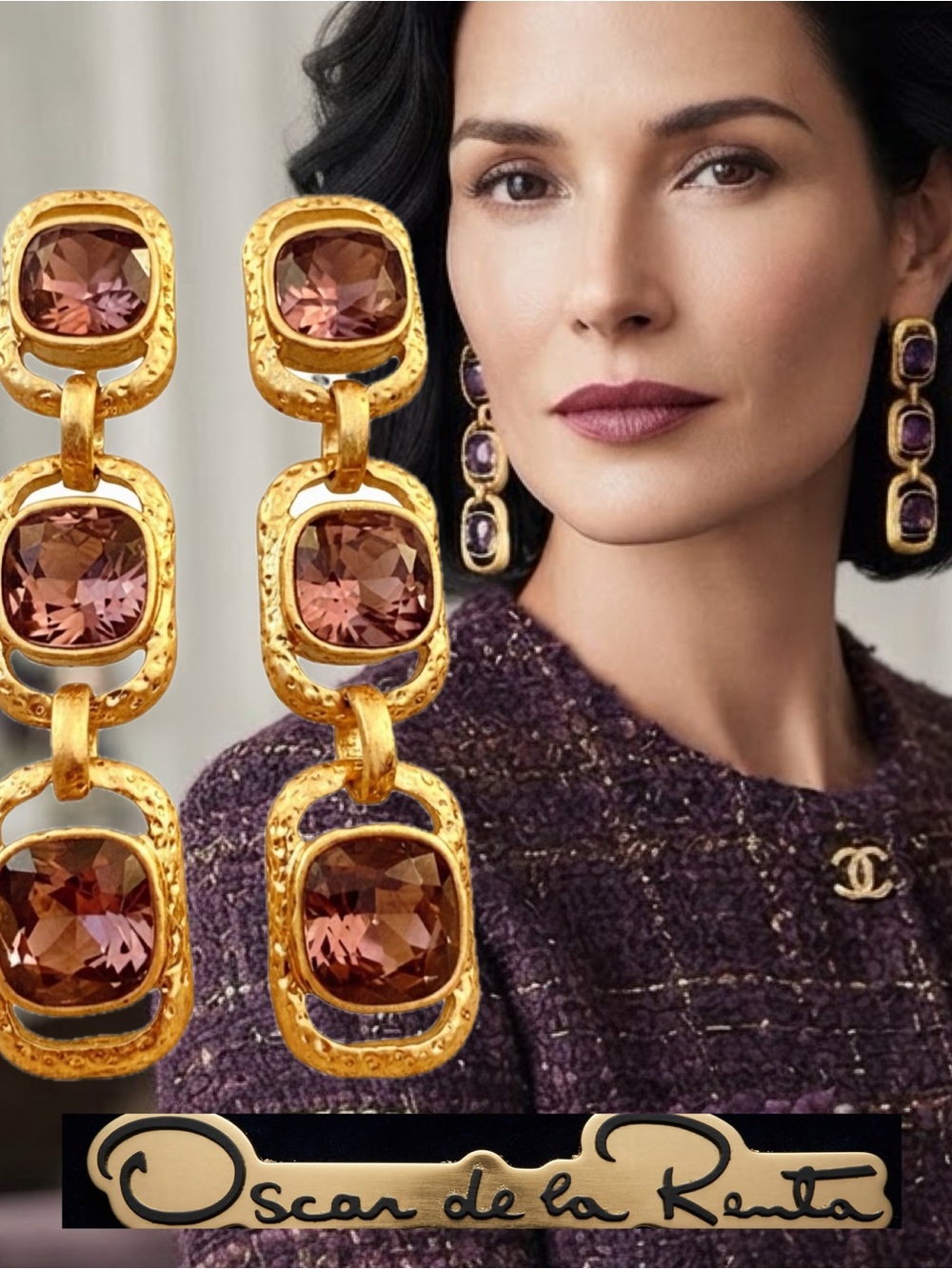 OSCAR DE LA RENTA Amethyst Crystal Earrings✨Gold Triple Drop Rectangles ✨CLIP ON - Picture 2 of 14